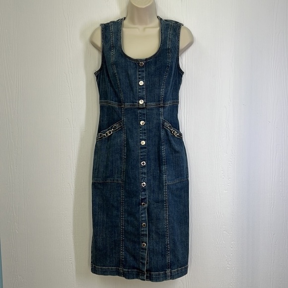 WHBM - Denim Silver Hardware Sleeveless Pocket Zip Up Midi Sheath Dress Size 4 - Picture 2 of 13